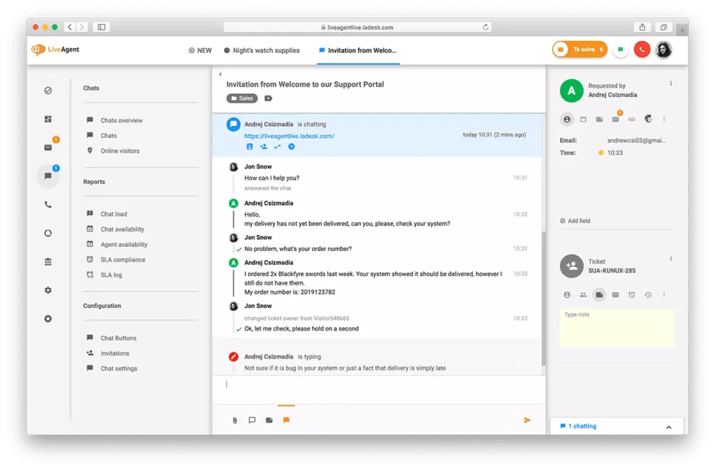 Przegląd interfejsu czatu na żywo w LiveAgent.
