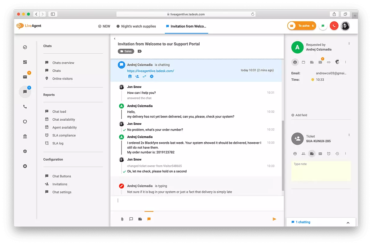 Przegląd interfejsu czatu na żywo w LiveAgent.