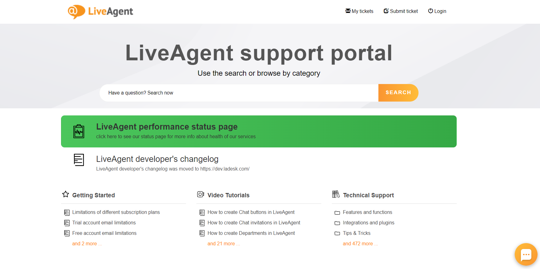 Portal klienta LiveAgent z artykułami zorganizowanymi na podstawie różnych kategorii