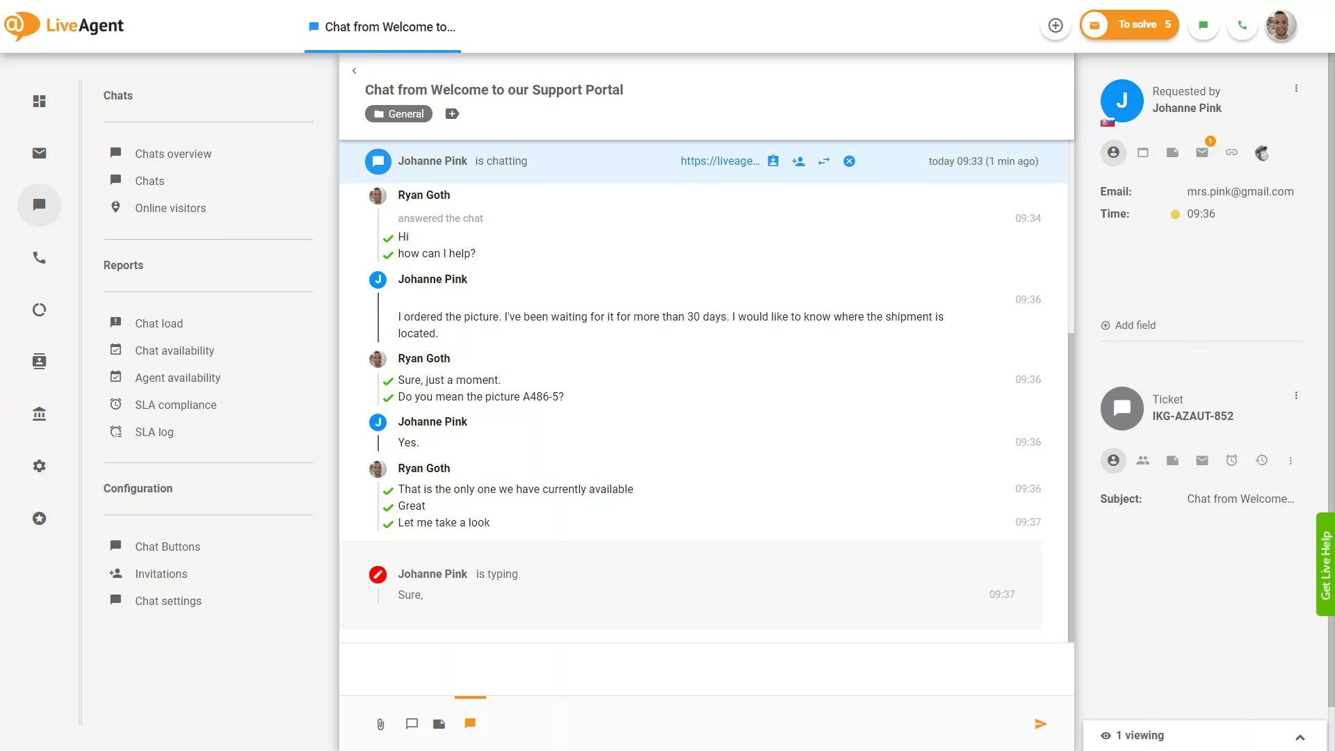 Widok czatu na żywo z podglądem pisania w czasie rzeczywistym