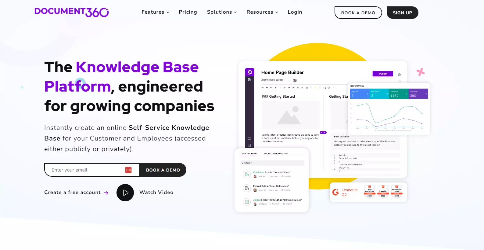 Zrzut ekranu strony głównej Document360 skupiający się na kluczowych funkcjach