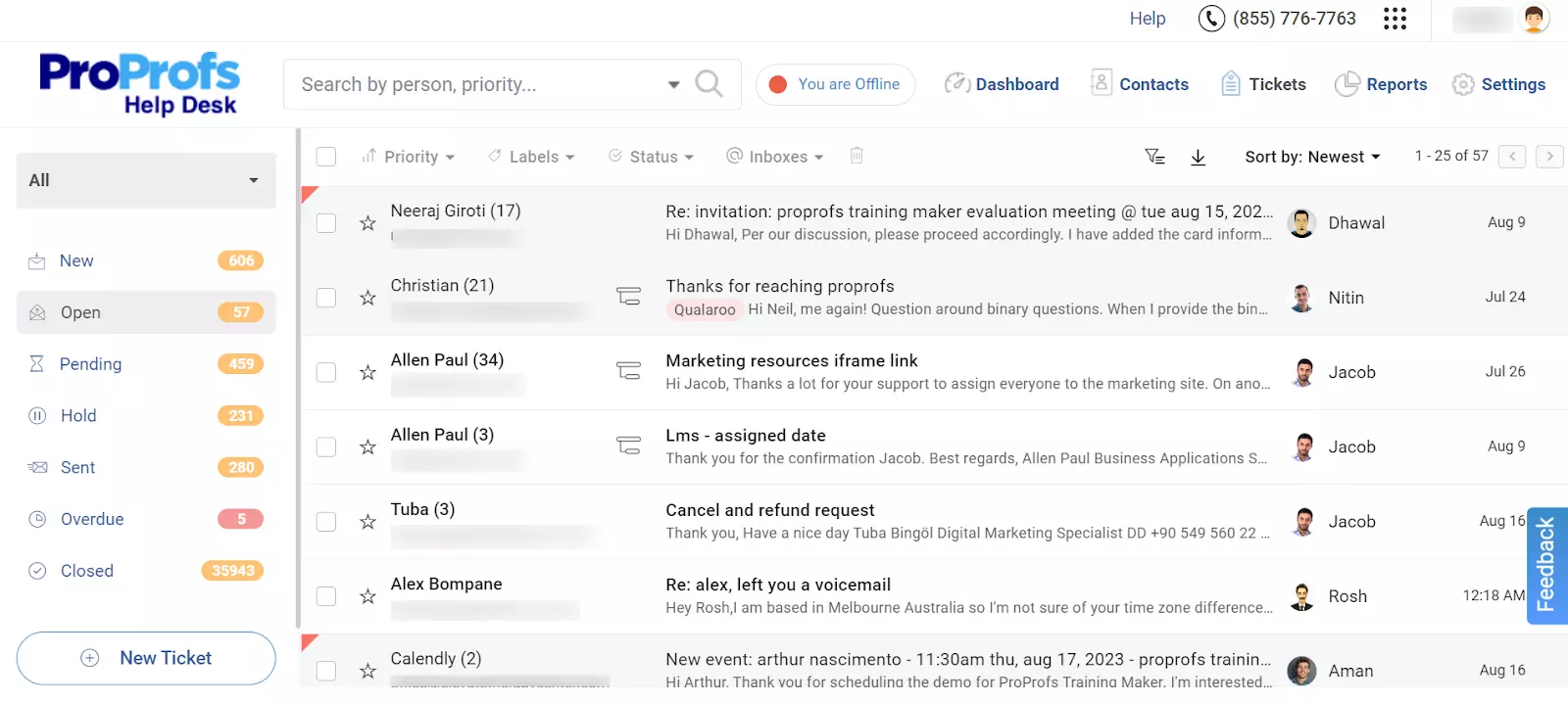 Przegląd otwartych biletów ProProfs Help Desk
