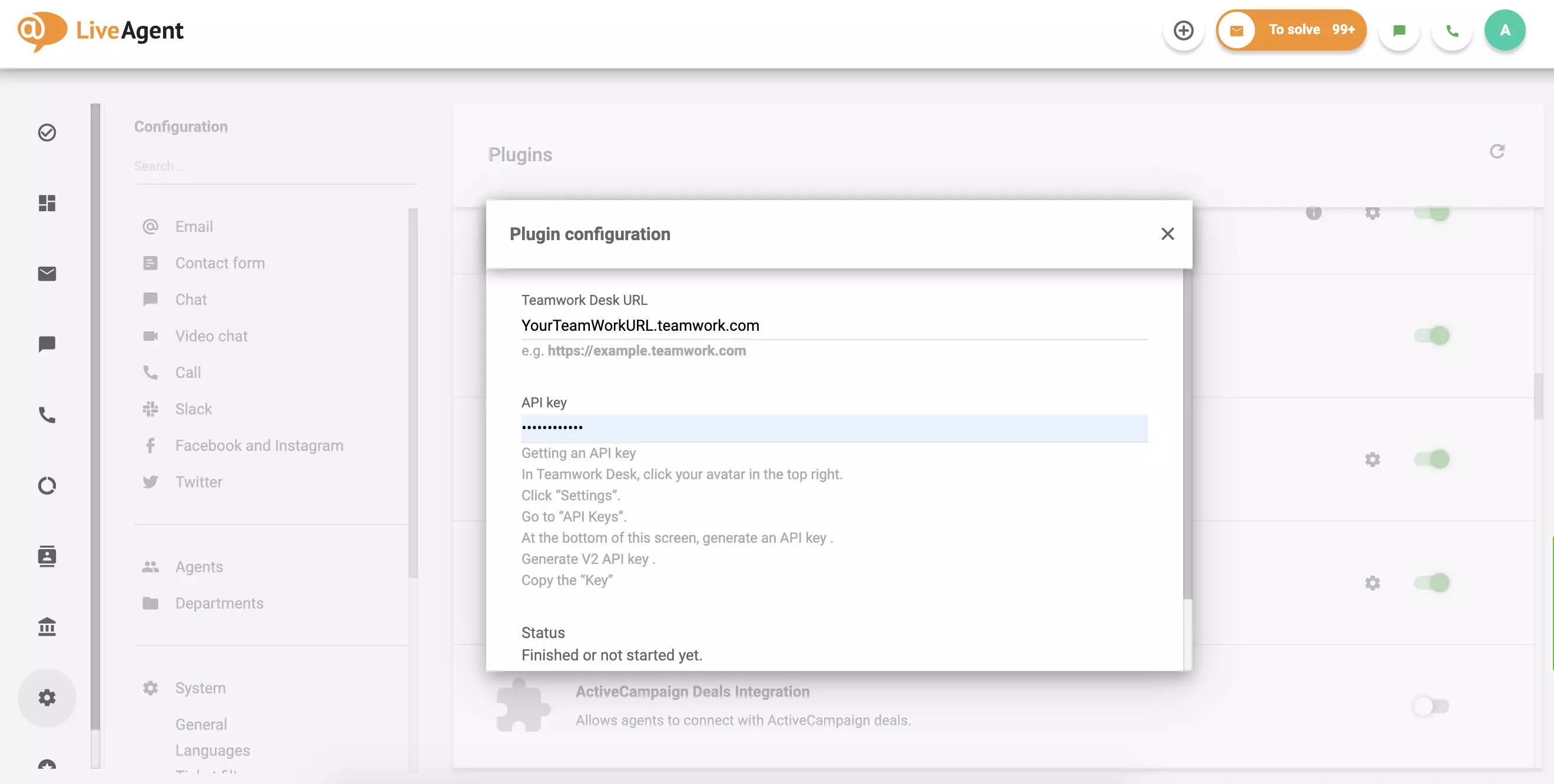 Wypełnij adres URL i API Teamwork Desk, a następnie kliknij Zapisz.