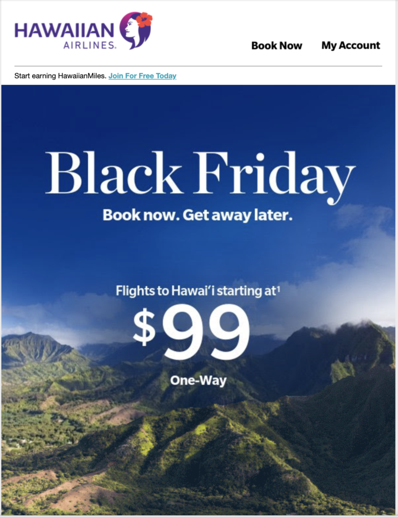 Kampania e-mailowa Black Friday Hawaiian Airlines