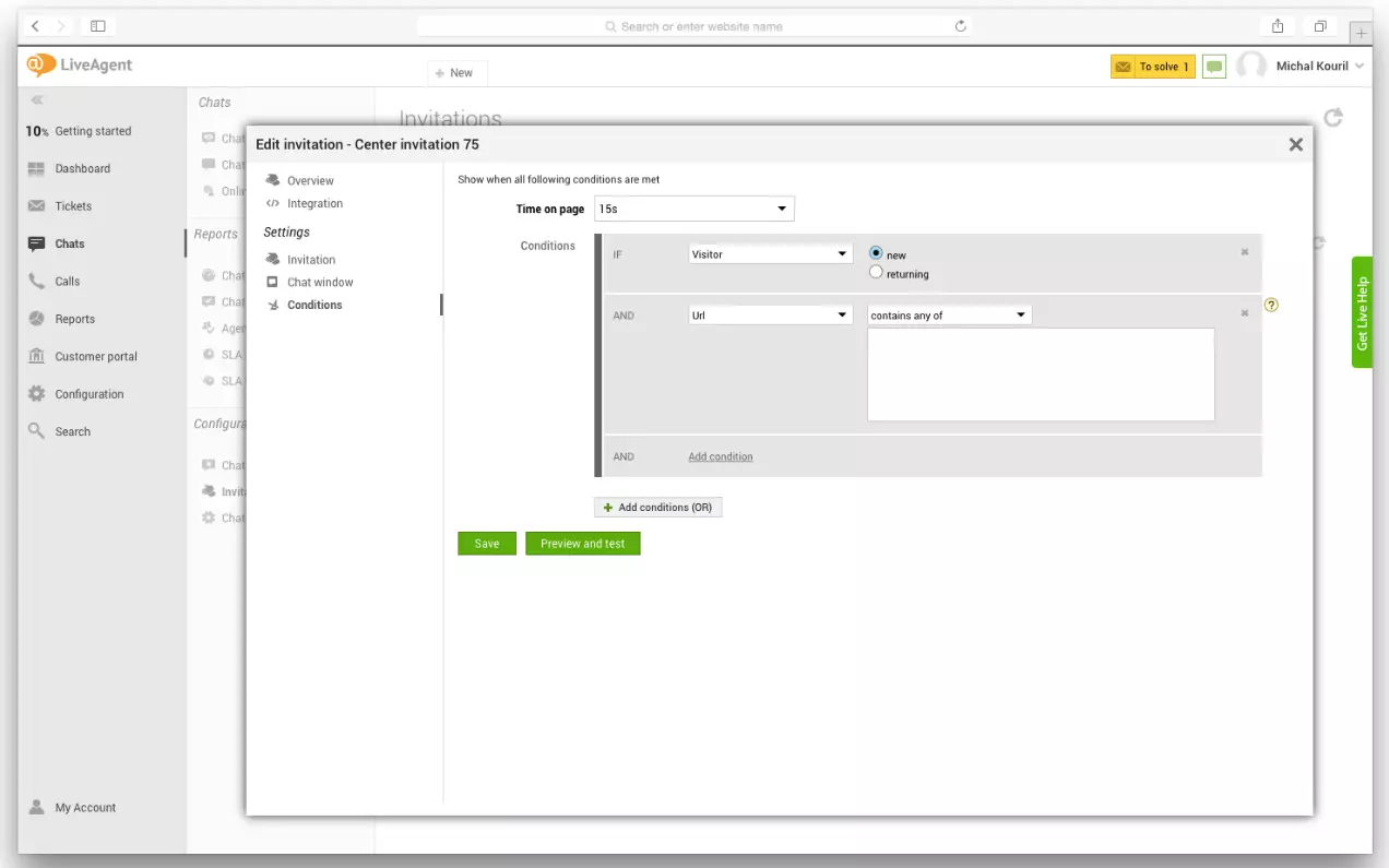 Ustawienia LiveAgent pokazujące, jak skonfigurować wyzwalacze proaktywnego czatu