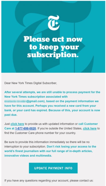 Przykład e-maila windykacyjnego New York Times
