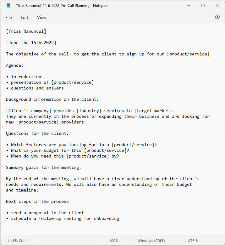 Przykład notatek do planowania rozmowy przed spotkaniem