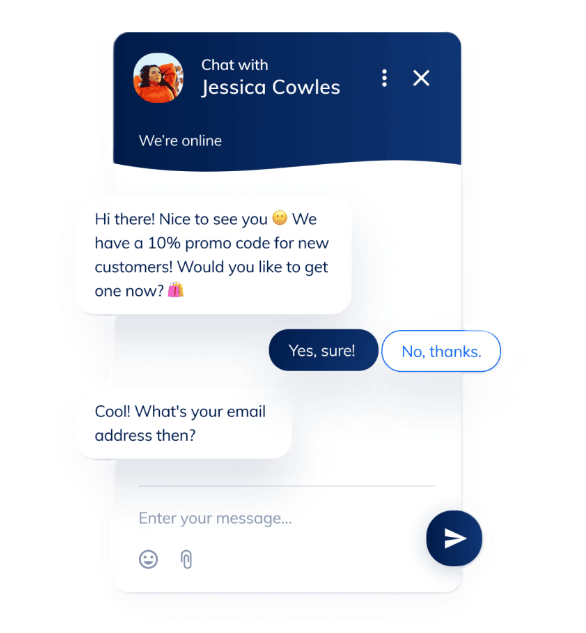 Interfejs czatu na żywo oferujący kod promocyjny i żądający adresu e-mail użytkownika