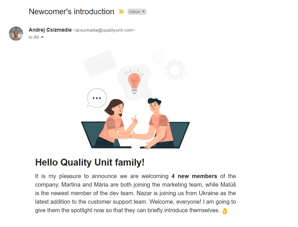 E-mail przedstawiający nowego pracownika Quality Unit