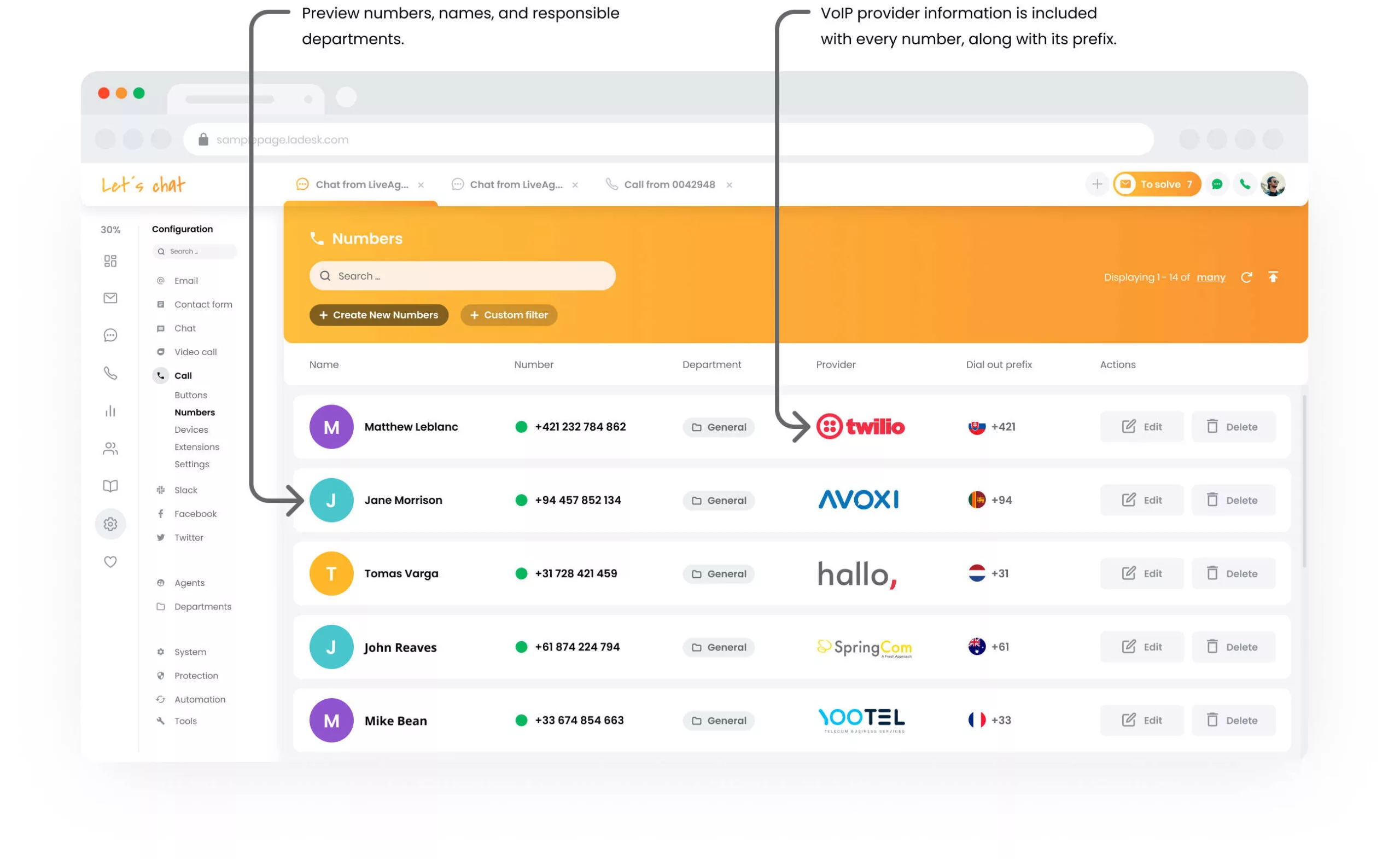 Konfiguracja numerów call center LiveAgent