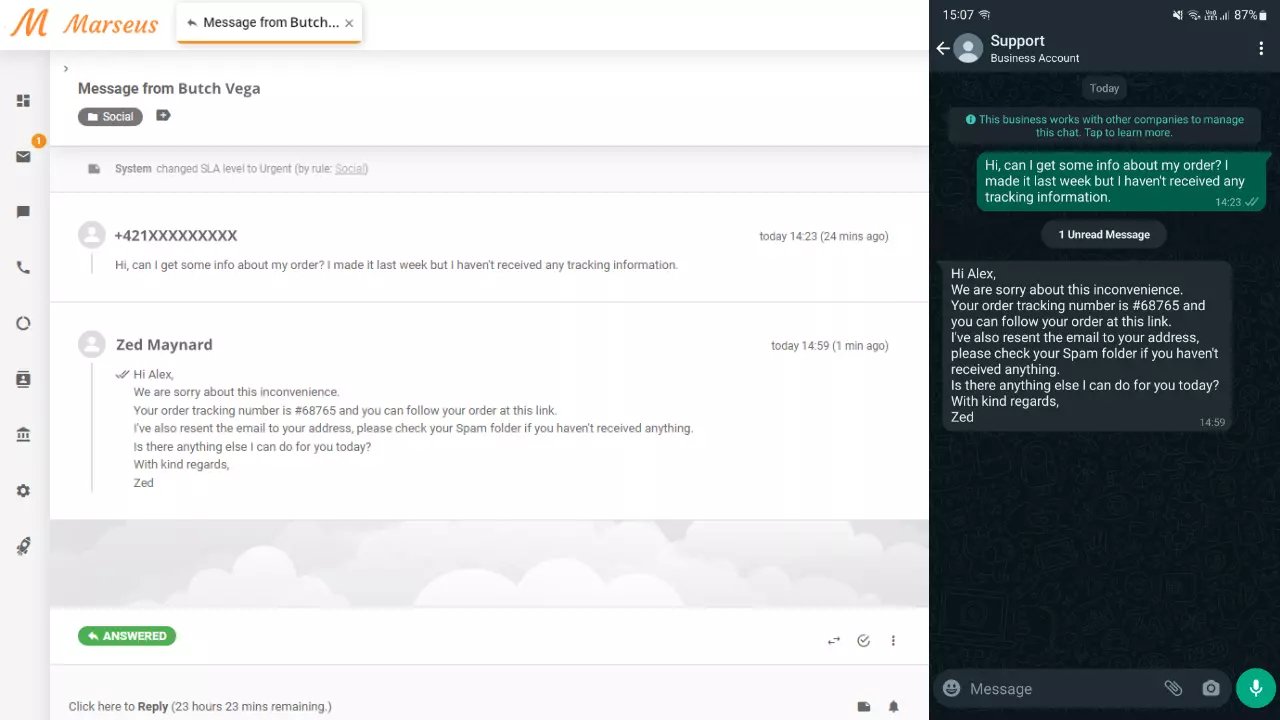 Wiadomość WhatsApp wyświetlana jako zgłoszenie w LiveAgent